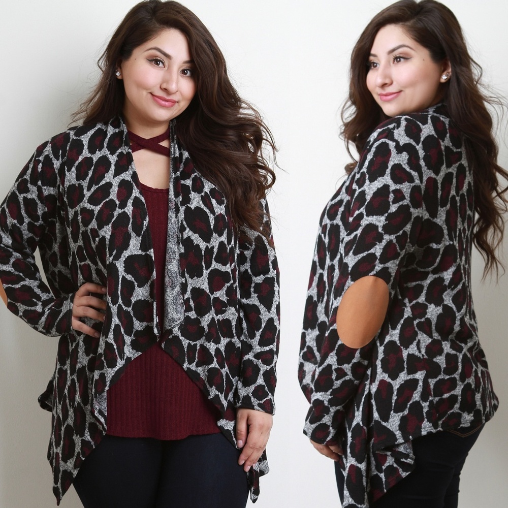 2x 3x Leopard Contrast Elbow Patch Open Cardigan - Picture 5 of 7